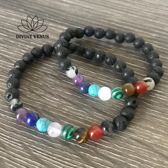 7 Chakra Stretch Bracelet Gemstones & Lava Rocks - Picture 4 of 8